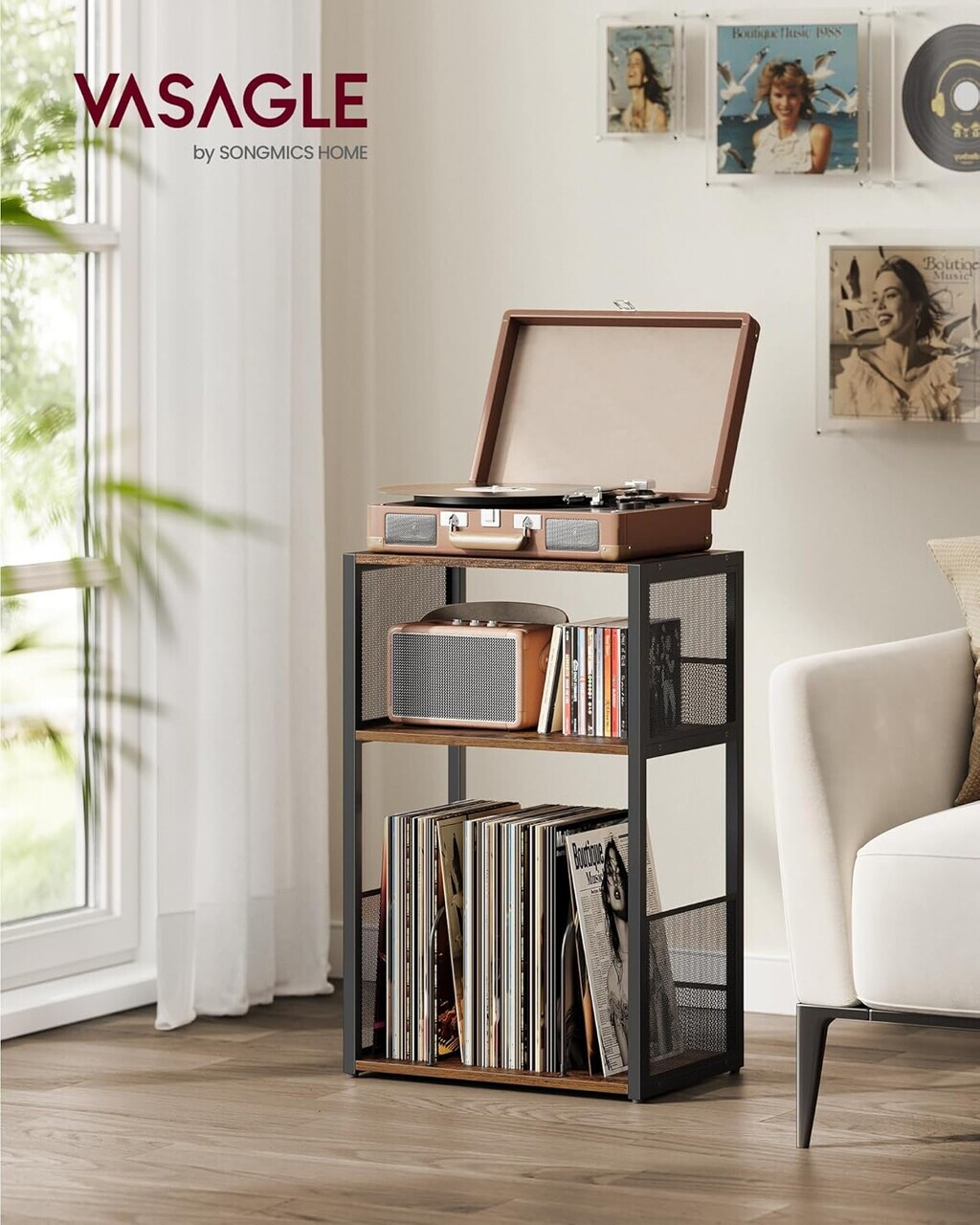 Suport pentru pick-up, Vasagle, spatiu depozitare pana la 100 discuri, 43x30x69 cm, maro rustic - imagine 6